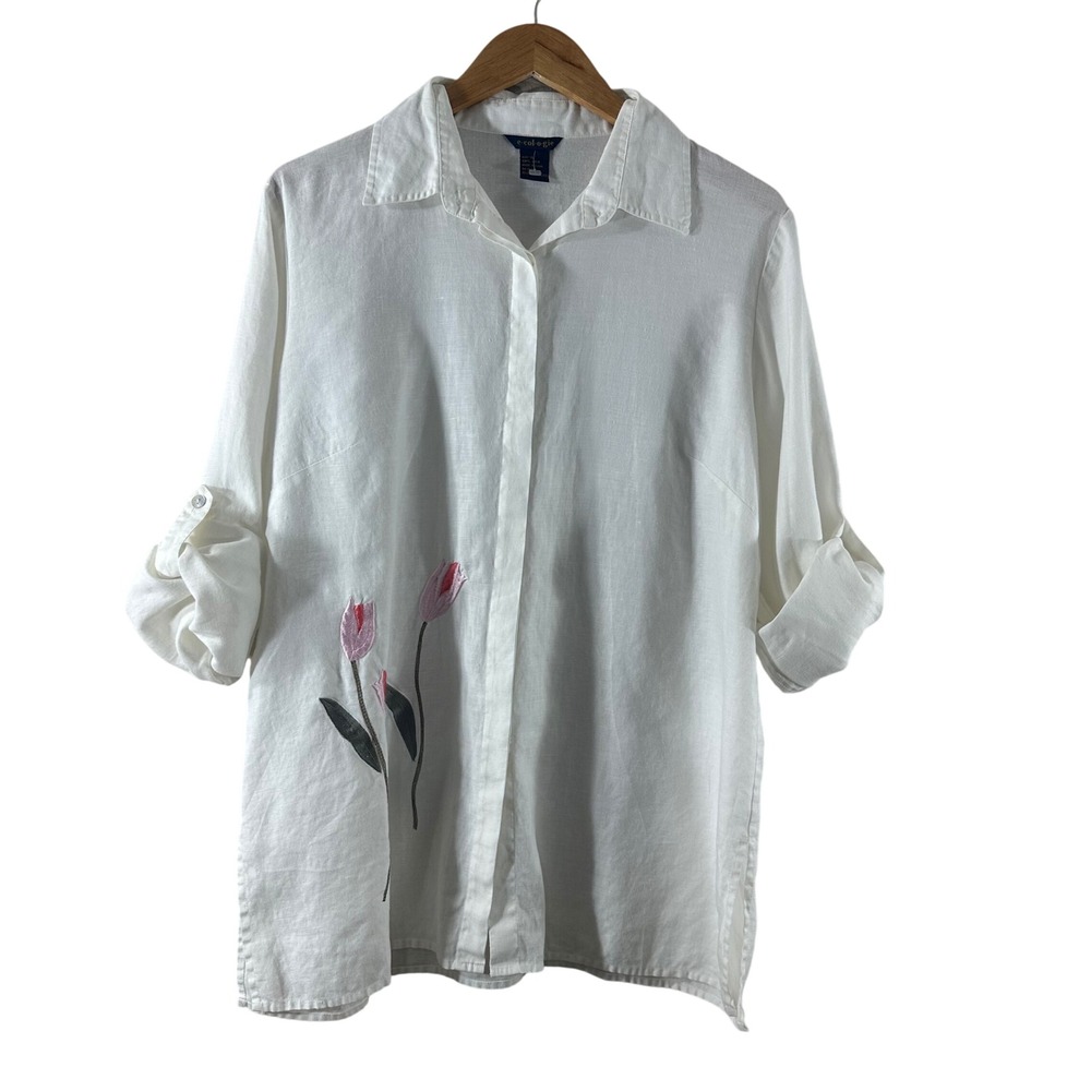 Ecologie Womens XL White 100% Linen Embroidered Tulip Button Down Roll Tab Shirt